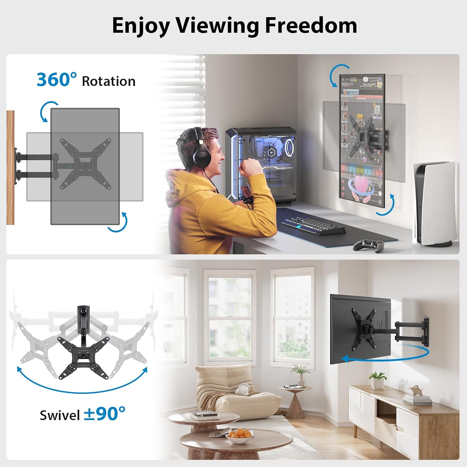Pipishell Full Motion TV Wall Mount for Echo Show 21/15 and 13-42 Inch Flat Curved Screen TVs & Monitors, Max VESA 200x200mm up to 44lbs, TV Mount Wall Bracket with Rotation Swivel Tilt Extension